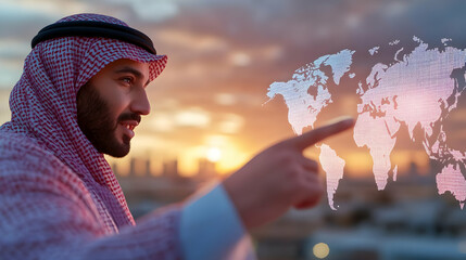 Wall Mural - Arab businessman pointing at a digital world map, sunset background.