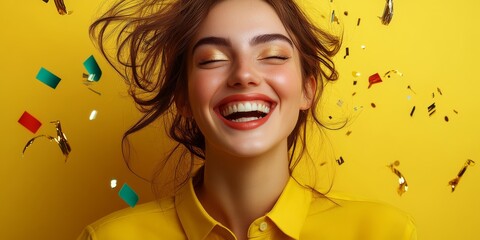 Joyful woman smiling with confetti against a bright yellow background during a festive celebration in a cheerful setting