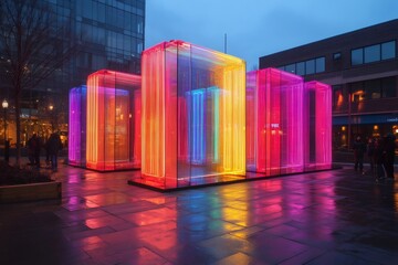 Colorful light installation illuminating city street at dusk