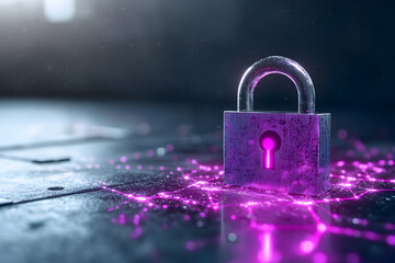 Wall Mural - Glowing purple padlock on dark reflective surface with network connections.