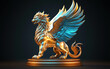 © Denis - A 3D design of a gold griffin statue with the body of a lion, wings, and the head of an eagle, placed on a round pedestal in an abstract dark space.