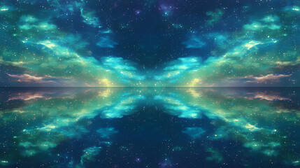 green blue aurora borealis on starry sky northern sea wave reflection nature nebula cosmic starry ba