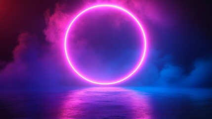 Leinwandbilder - Colorful neon circle illuminating foggy atmosphere in a darkened environment at night