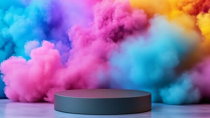 Poster - Vibrant smoke clouds billowing behind a circular stage in a colorful display of hues