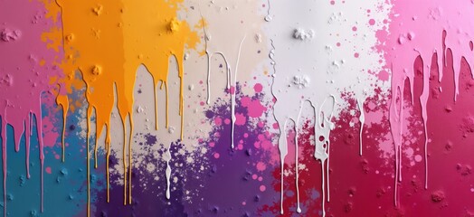Aufkleber - Vibrant paint drips, splatters create abstract art design on grunge wall. Colorful streaks of purple, pink, magenta, white, yellow, orange paint flow down textured surface. Drips, bursts of color