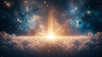 Wall Mural - cosmic dawn: a celestial beam of light pierces through a canvas of clouds and stars, illuminating th