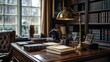© afif - Classic wooden desk in a library with books, lamp, and leather chair.