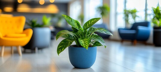 Wall Mural - Chinese Evergreen Plant in Blue Pot, Brightens Modern Interior Living Room with Blurred Background