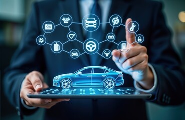 Poster - Businessman holds digital tablet displaying car maintenance diagnostics. Virtual car image overlaid with connected icons for services. Modern tech approach to car servicing. Concepts auto repair,