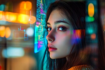 Wall Mural - a young woman gazes into the future with a thoughtful expression. she is surrounded by vibrant digit