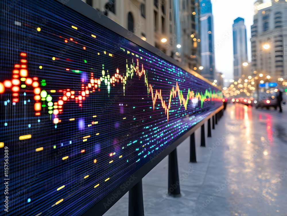 Stock market data displayed on a large outdoor screen at night in a ...
