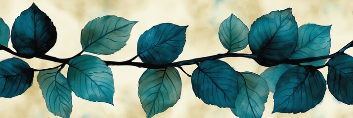 Watercolor Teal Blue Green Tree Branch With Lush Leaves, Floral Nature Illustration Background