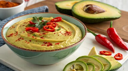 Wall Mural - Avocado cream seasoned with sriracha, chili flakes, and fresh coriander, served with sliced avocado and red chilies, offers a vibrant, spicy, and healthy appetizer or snack