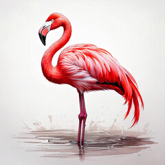 Wall Mural - An elegant flamingo, painted with flowing and delicate brushstrokes to highlight its long neck and standing posture. The design is minimal and refined, on a white background