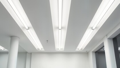 Poster - Modern office space interior design. Fluorescent lamps mounted on white ceiling. Empty room shows clean minimalist style. White walls, columns create bright, spacious feel. Simple lighting design