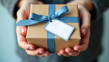 Female hands holding a gift box with a blue ribbon and a blank tag