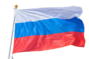 Wall Mural - A view of the colorful, clipped, carved, flag of the Russian Federation bending under a gust of wind,on a flagpole, on a white background, isolated