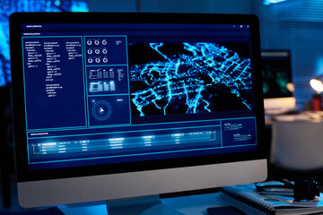 Aufkleber - Desktop computer with army location data on screen standing on workplace in modern military command center
