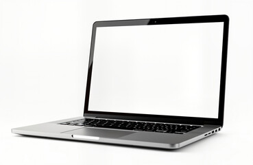Poster - Modern laptop computer with blank screen. Stylish silver aluminum chassis. Black bezel on screen. Open laptop. Isolated on white background. Tech device. Suitable for business, education use cases.