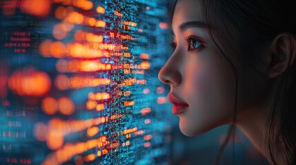 A digital entrepreneur of Asian descent is shown in a portrait, working on her computer. The image features a line of code projected onto her face and reflecting off it. She is a software developer