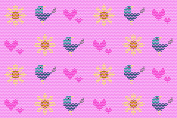 Wall Mural - Knitted seamless pattern with birds and flower heart