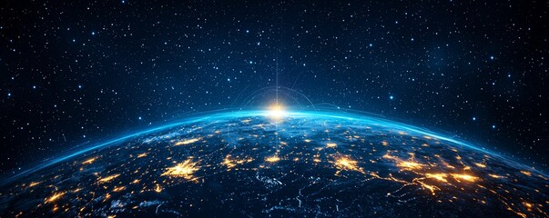 A futuristic abstract background featuring a digital world map and a light blue Earth, ideal for a technology concept in global business or science design templates.