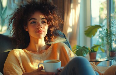 Young woman enjoying coffee in a cozy living room at home