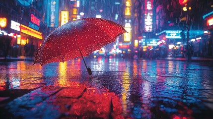 Wall Mural - A digital artwork depicting a nighttime futuristic cityscape with neon signs and glowing lights, where the wet street mirrors the vibrant colors.