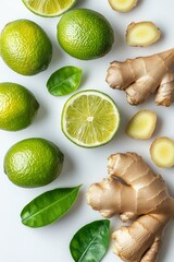 Fresh limes and ginger roots arranged on a light background for culinary inspiration