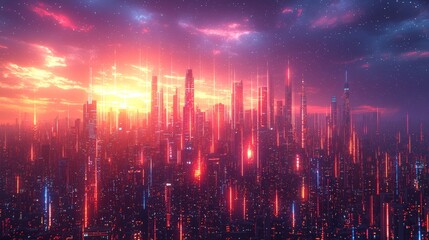 A 3D holographic city rendering with a futuristic matrix, featuring a digital skyline made of binary code particles network. This technology and connection concept serves as an architecture