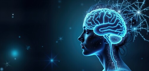 Aufkleber - Conceptual illustration of woman profile with highlighted brain. Abstract tech insight concept. Neural pathways connected to head. Visual metaphor for mind, digital tech connection. Futuristic