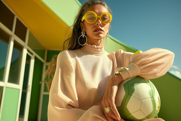 Wall Mural - A stylish woman in soft pink attire and yellow glasses poses with a soccer ball in front of vibrant architecture. Creative and modern representation of fashion and leisure.
