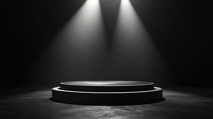 Wall Mural - Polished silver podium glowing in a sharp spotlight 