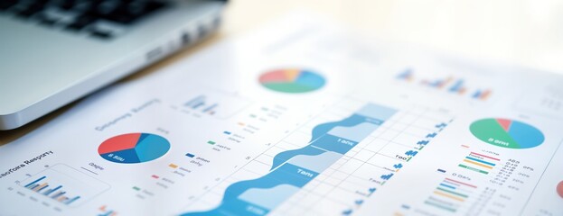 Fototapete - Business documents with charts, graphs displayed on table. Financial reports marketing data analysis shown. Data visualization evident on printed documents. Analysis of financial performance project