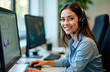 © miss irine - Smiling woman wearing headset uses computer help desk software. Happy customer support agent answers helpdesk tickets. Pro communication in office. Modern tech for customer support. Smiling business