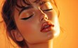 © Svitlana - Stunning woman with perfectly winged eyeliner and glossy lips, on a blurred warm orange background