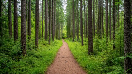 Wall Mural - A serene forest path surrounded by tall trees and lush greenery, inviting exploration and tranquility.