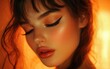 © Marina - Stunning woman with perfectly winged eyeliner and glossy lips, on a blurred warm orange background
