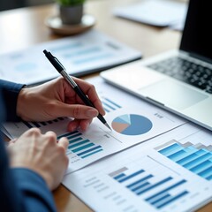 Poster - Business person analyzes company performance data. Financial executive reviews financial reports, income statistics. Person studies graphs, charts for business strategy development. Analyzing data