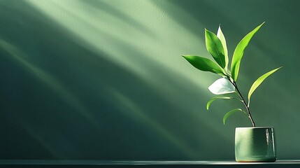 Wall Mural - Green plant in pot, sunlit, dark green background.