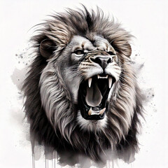 Wall Mural - A powerful lion roaring, illustrated with bold and flowing brushstrokes to capture its strength and dominance. The design emphasizes its mane and open mouth, rendered in black ink on a pristine white 