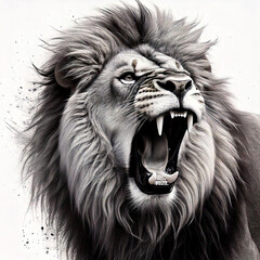 Wall Mural - A powerful lion roaring, illustrated with bold and flowing brushstrokes to capture its strength and dominance. The design emphasizes its mane and open mouth, rendered in black ink on a pristine white 