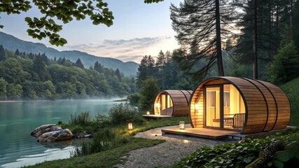 Wall Mural - wooden barrel saunas stand illuminated on the shore of a tranquil lake, nestled amidst a picturesque