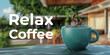 © Lisicus - Steaming coffee in a mug on the table with blurred background. Relax and drink coffee concept. For card, print, banner, design. Top view. Copy space.