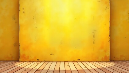 Poster - Empty room with yellow grunge walls and wooden floor. Grungy texture on walls adds vintage feel. Sunlight shines on wooden floor. Suitable for use as background or backdrop for various designs.