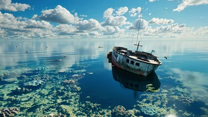 Wall Mural - calm blue water gently laps against the sides of an abandoned ship, its white paint faded and peelin