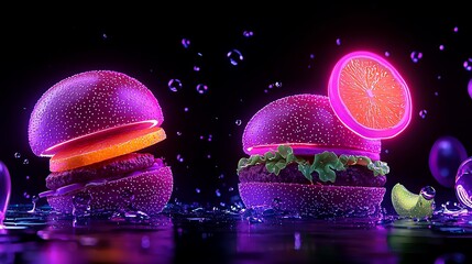 Poster - Neon glow burgers with vibrant citrus slices in water.