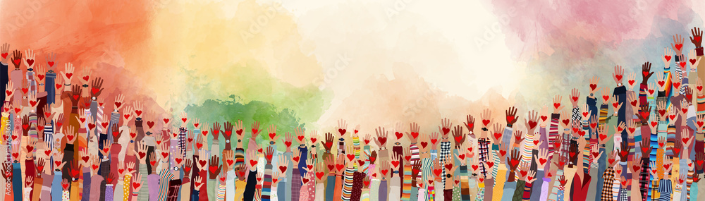 Group of people with raised hands holding a red heart on a watercolor ...