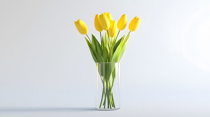 Canvas Print - A bouquet of six vibrant yellow tulips arranged in a clear glass cylinder vase against a minimalist white background. Simple elegance.