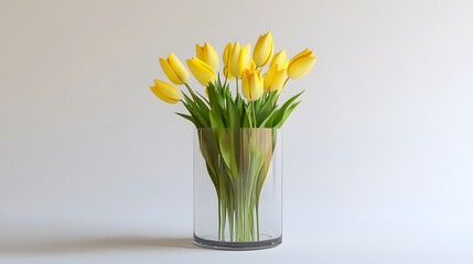 Canvas Print - A bouquet of yellow tulips in a clear glass vase against a light gray background. Simple, elegant, and perfect for spring or any occasion.